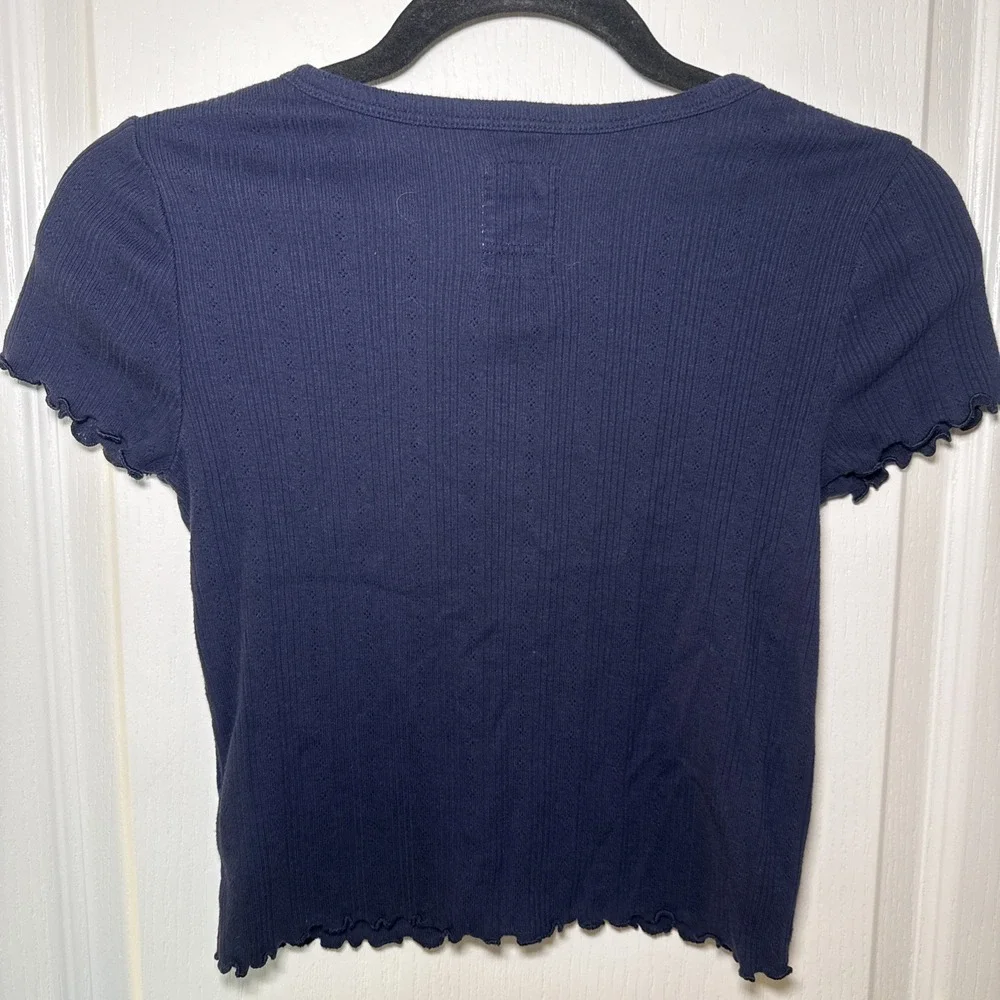 Gap Teen Girls 14-16 Navy Ribbed Button Front Top Lettuce Edge